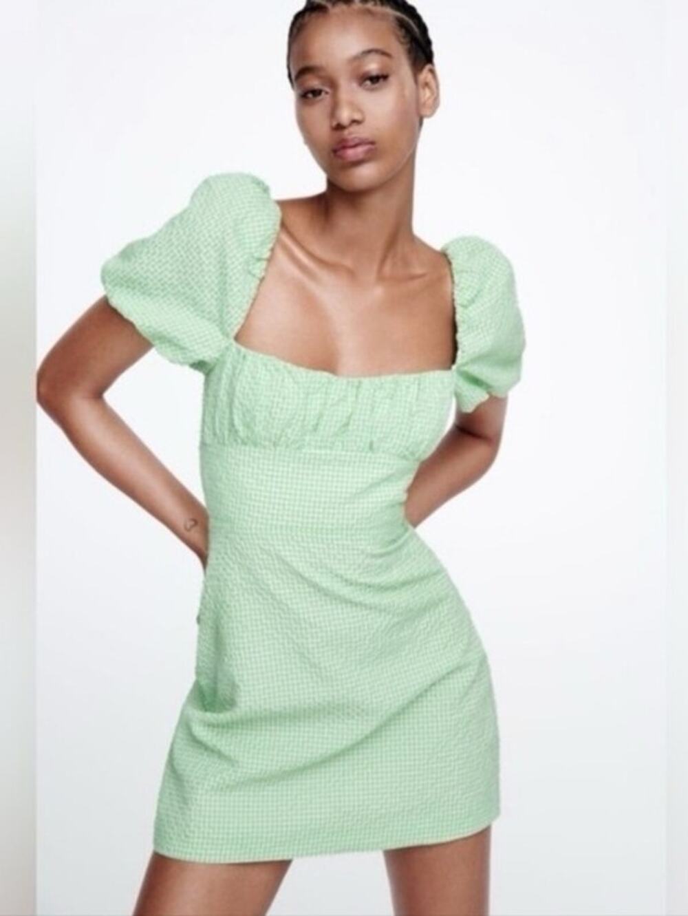 Zara Green Gingham Puff Sleeve Lace Up Back Mini Dress Cottagecore S NWT